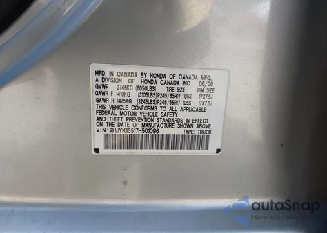 2007 Honda Ridgeline Rtl z USA, uszkodzony, nr VIN 2HJYK16517H501096